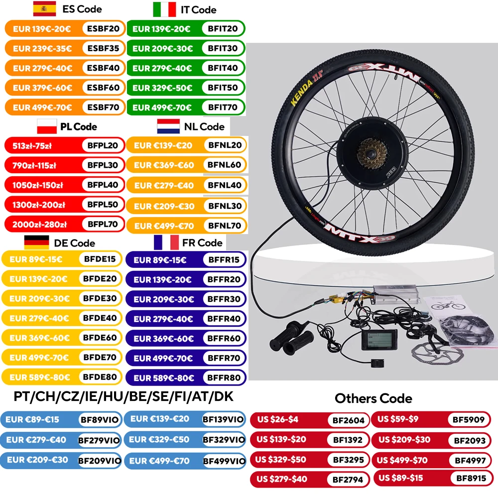 Csc 48V 1000W 1500W Mtx roue arrière 26 ''27.5'' 29 ''frein à disque Kit de Conversion de vélo électrique Kit de moteur de moyeu de vélo électrique à entraînement Direct