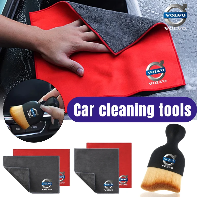 Car Interior Cleaning Soft Brush With Car Wash Towel Microfiber Cleaning Rag Cloth For Volvo XC90 XC60 C30 T6 S60 C70 XC40 V40