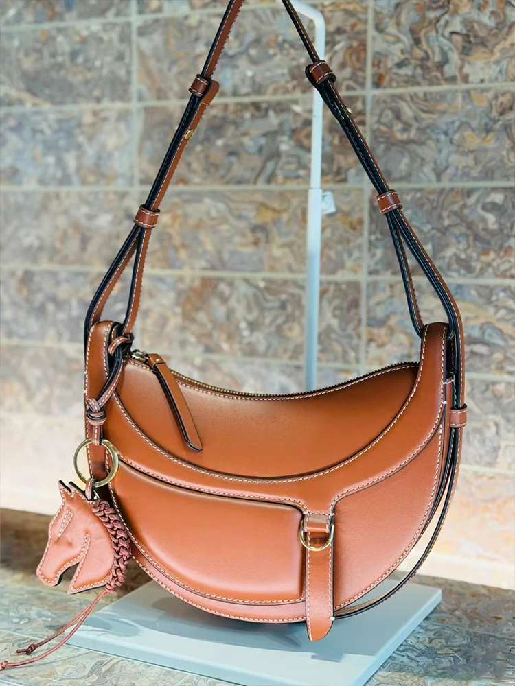 Fashion Crescent Moon Saddle Bag Casual Shoulder Bag Leather Crossbody Purse Top Handle Satchel Office Daily Commute Versatile