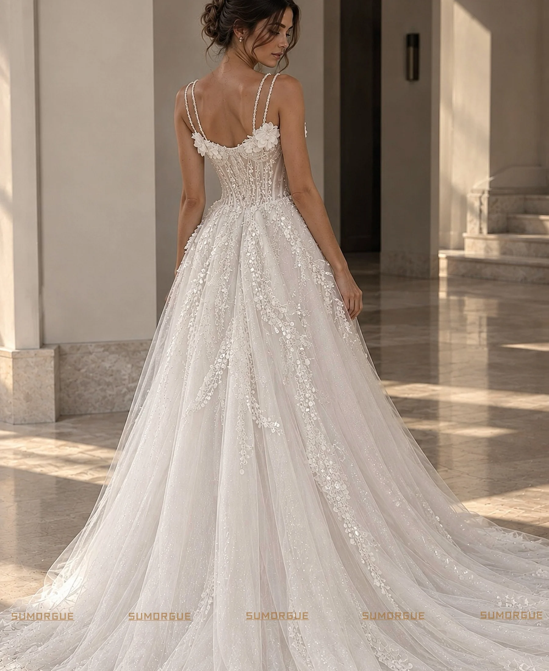 Charming Flowers Lace Appliques Spaghetti Straps A Line Wedding Dresses Open Back Sweep high-end Customzied Vestidos De Novia