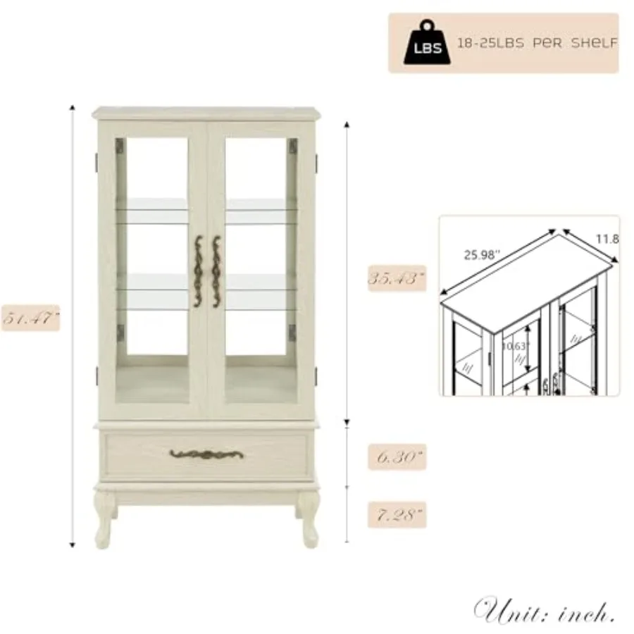 Living room display case: antique-finish lighted curio cabinet, tempered glass shelves, acrylic panel, adjustable 3-tier storag