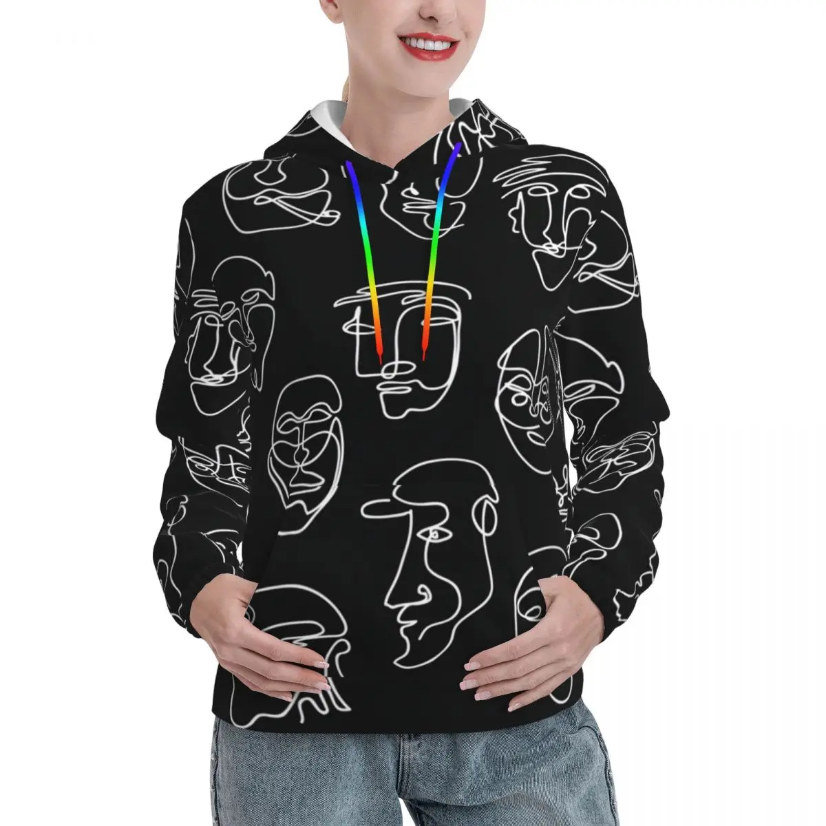 Single Line Face Design Casual Hoodies Abstract Art Harajuku Sweatshirts Spring Long Sleeve Loose Oversized Pullover Hoodie Gift