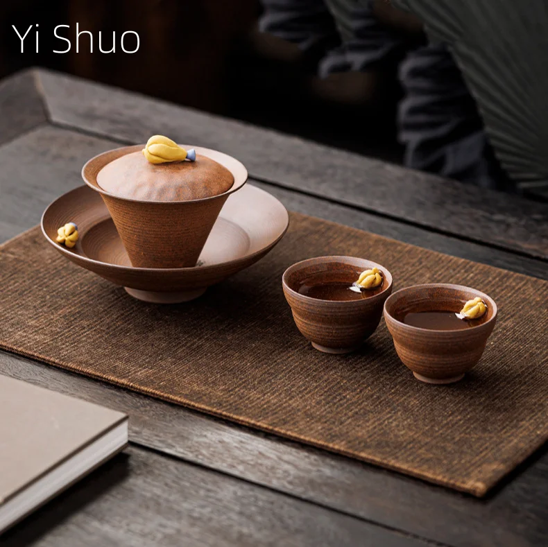 Vintage Style Handmade Old Rock Clay Tea Set Three-Talent Gaiwan One Pot Two Cups Tray Buddha Hand Cup Ceramic Tea Set