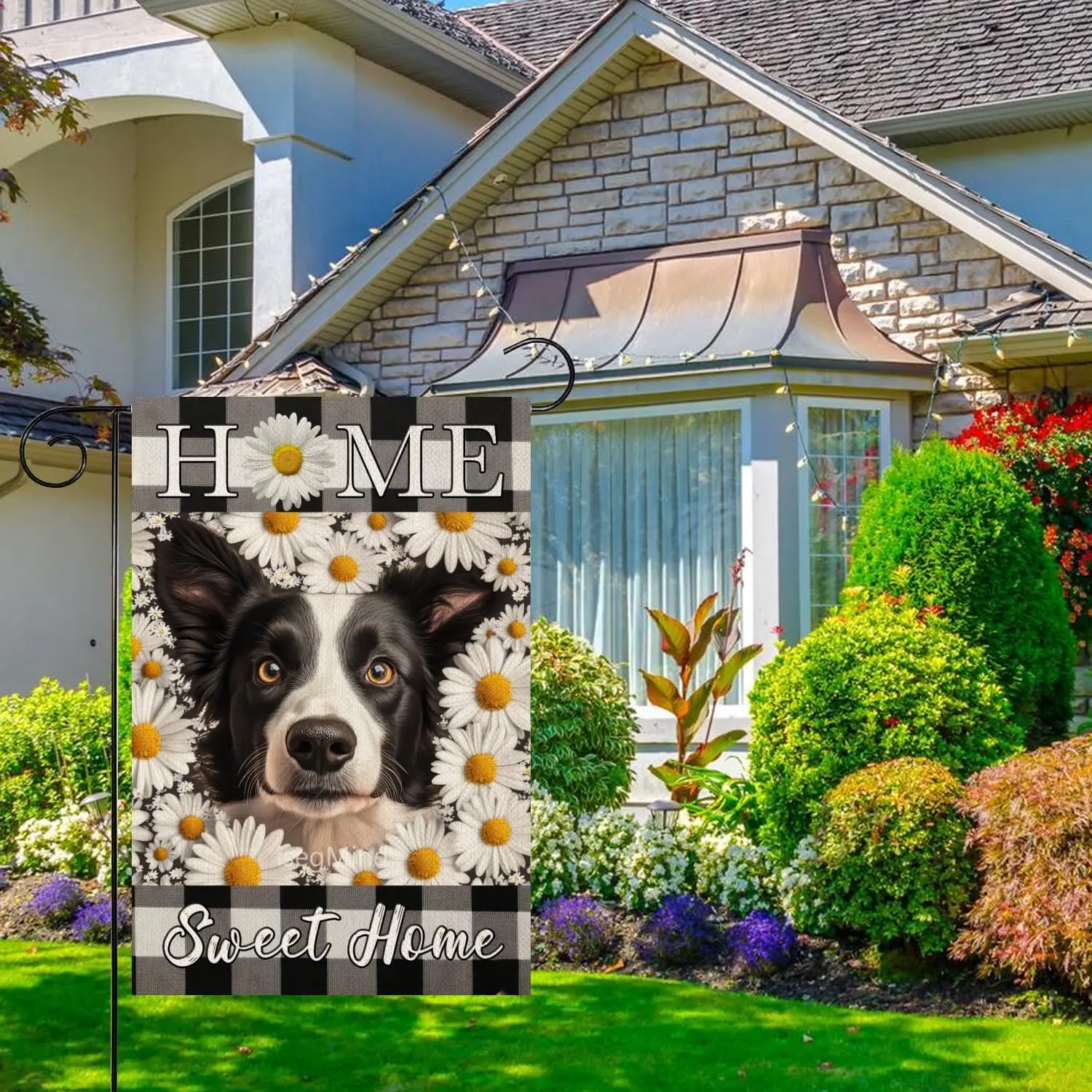 Home Sweet Home Floral White Daisy Garden Flag 12x18 Inch Double Sided Flowers Farmhouse Seasonal Flag Border Collie Garden  SSL