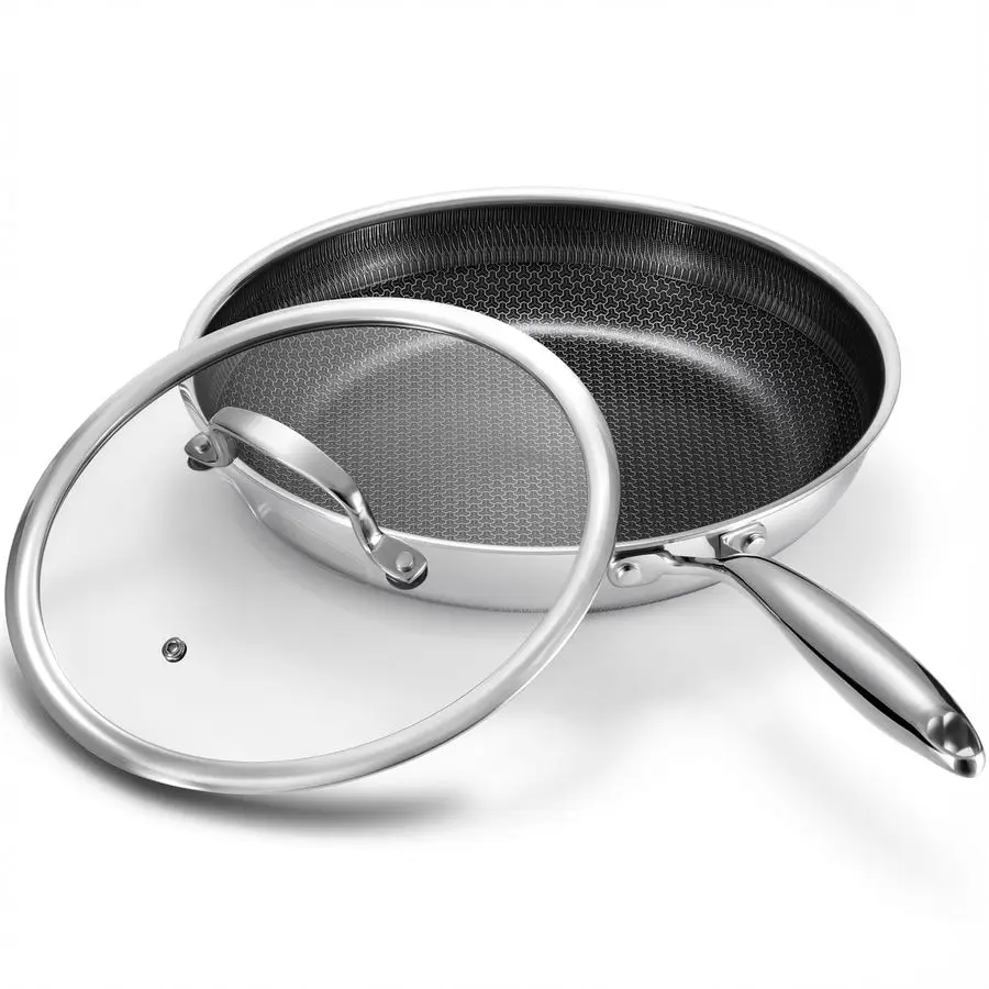

Inch Non Stick Frying Pan with Lid, Hybrid Nonstick Stainless Steel Skillet Pan with Staycooling Handle, PFOA Free Non Toxic Dis