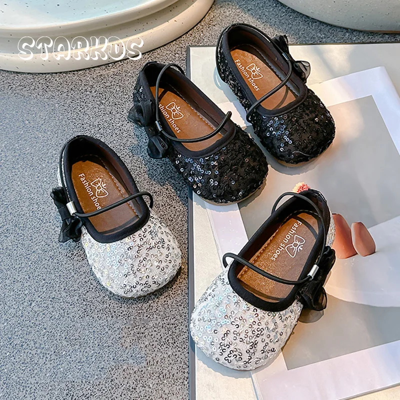 Silver Sequins Mesh Ballet Flats Kids Girls Bling Elasic Band Ballerina Shoes Baby Child Lace Bowknot Wedding  Princess Zapatos