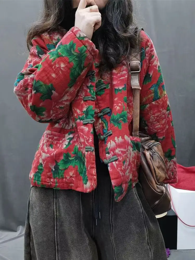 

Thiened ort Sle Women's Cotton Jaet Large Flower Pattern Winter New Arrival Commute Stand Collar Single Button Closure