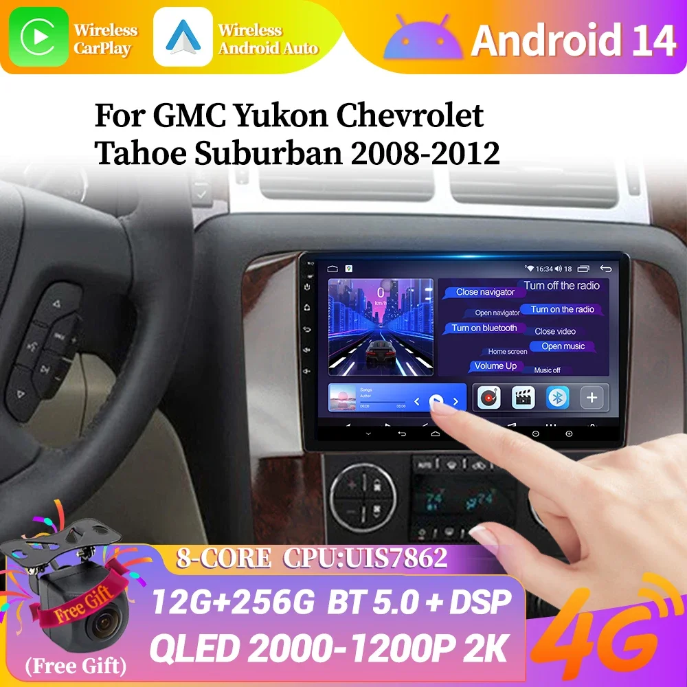 For GMC Yukon Chevrolet Tahoe Suburban 2008-2012 Android 14 Car Radio 4G GPS Wireless Bluetooth Carplay Multimedia Touch Screen