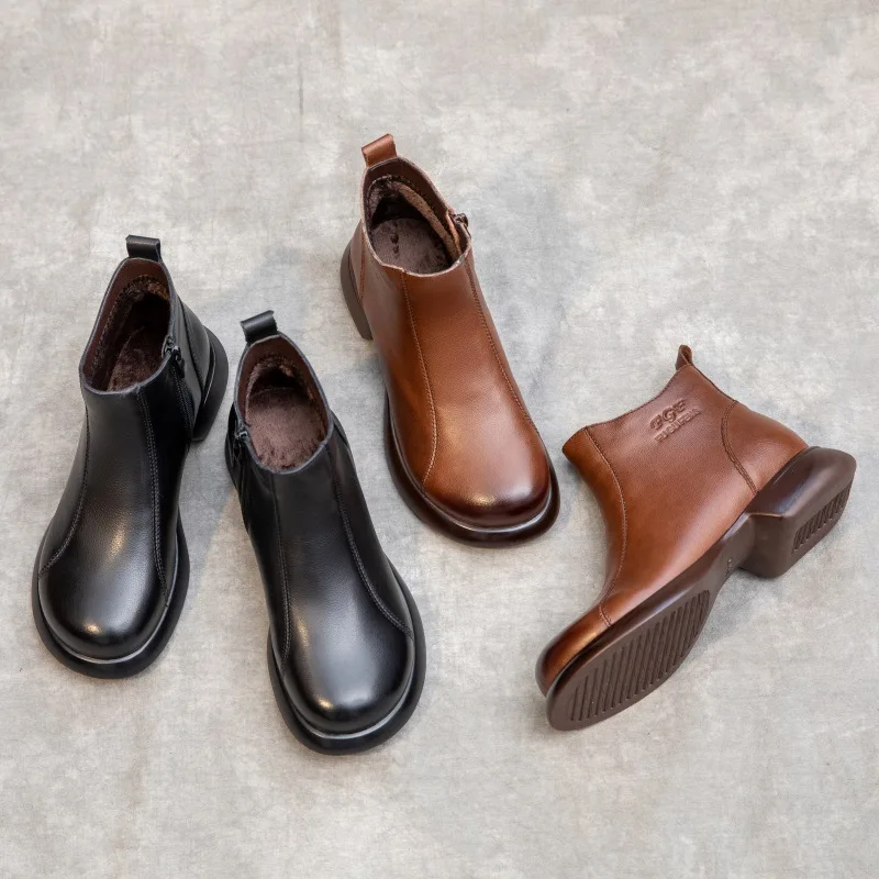 البريطانية الرجعية جلد طبيعي أحذية الشتاء أحذية منخفضة الكعب النساء الأحذية الجانب سستة عادية أنيقة حذاء الثلج عالي الرقبة دافئ #3