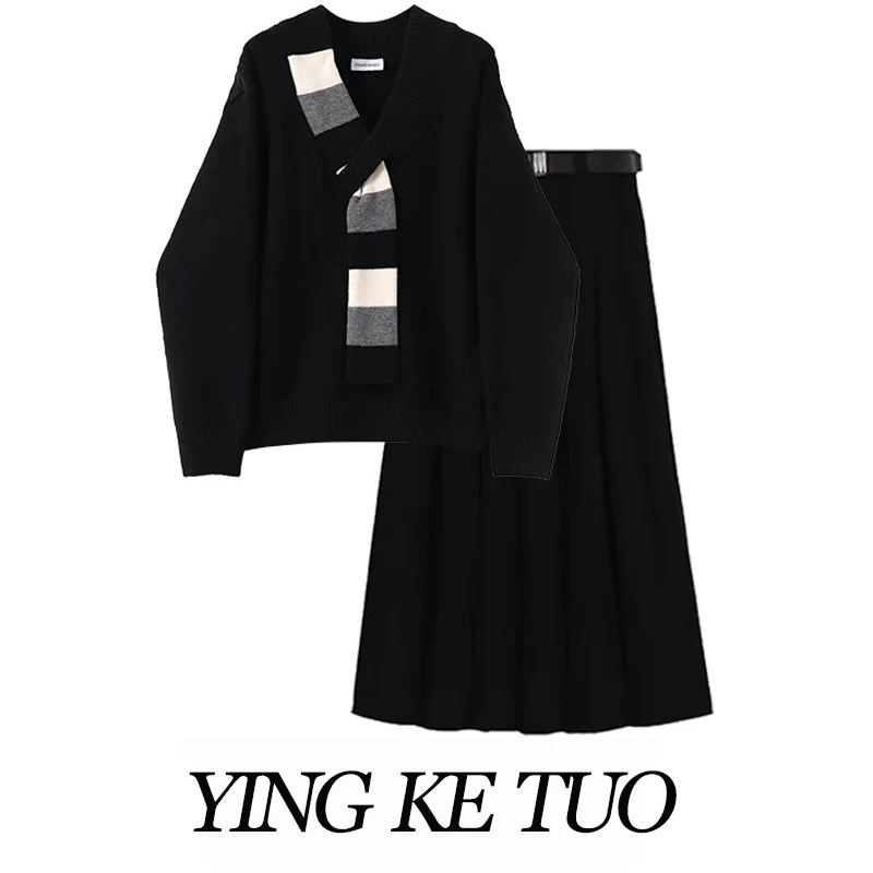 

High Waist Women's Stripe Sweater Scarf Splicing Skirt Set Autumn Winter Faion College Sle Two-Piece Suit Warmth Thermal