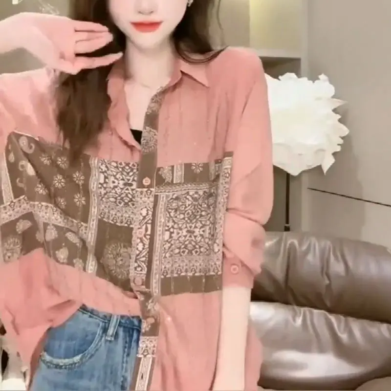 2023 Spring Chic Diamonds Shirt Women\'s Clothing Vintage Printed Stylish Long Sleeve Loose Casual Single-breasted Lapel Blouse