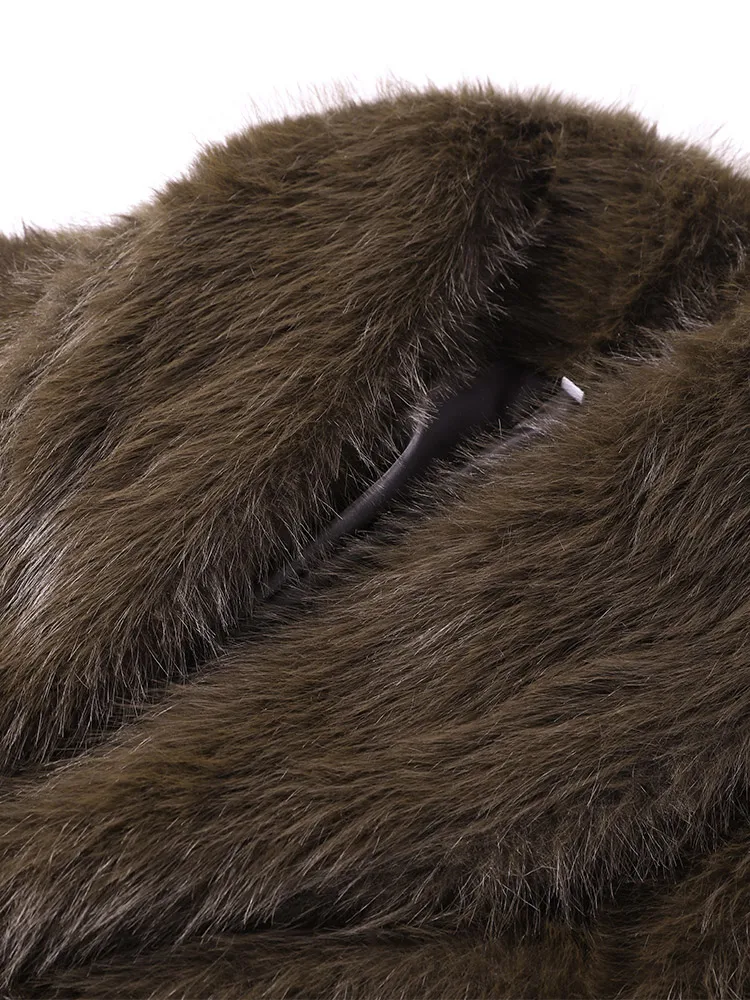 With Belt Fur Coat Fluffy Large Heart Shaped Waist Cinching Deep V Mid Length Overcoat Warm Plush Women Trend Outwear Winter Top