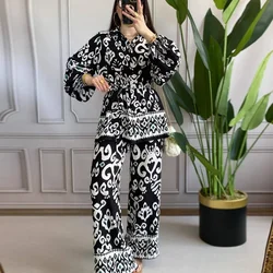 Casual Printed Harajuku Set Spring Fall Long Sleeve Sashes Shirt Bandage Loose Wide Leg Pants Outfits Women Fashion 2 Piece Suit