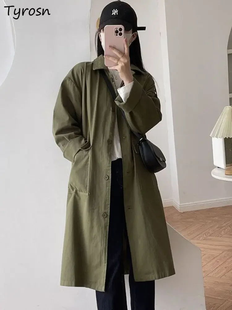 

Trench Women Retro Design Pockets Loose Korean Style Ladies Streetwear Leisure New Minimalist Pure All-match Autumn Daily