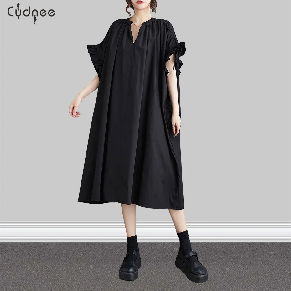 Summer New Loose Literary V-neck Black Dress Wooden Ear Edge Draw Rope Fold Pile Sleeve Casual Loose Version Midi Dresses