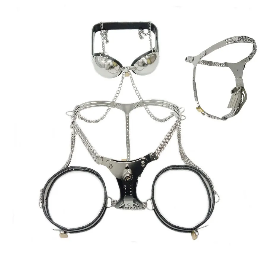 Male Stainless Steel 2.0 Openwork Chastity Lock Pants Iron Underwear Breast Restraint Thigh Ring 3pcs Discipline BDSM Couple Sex