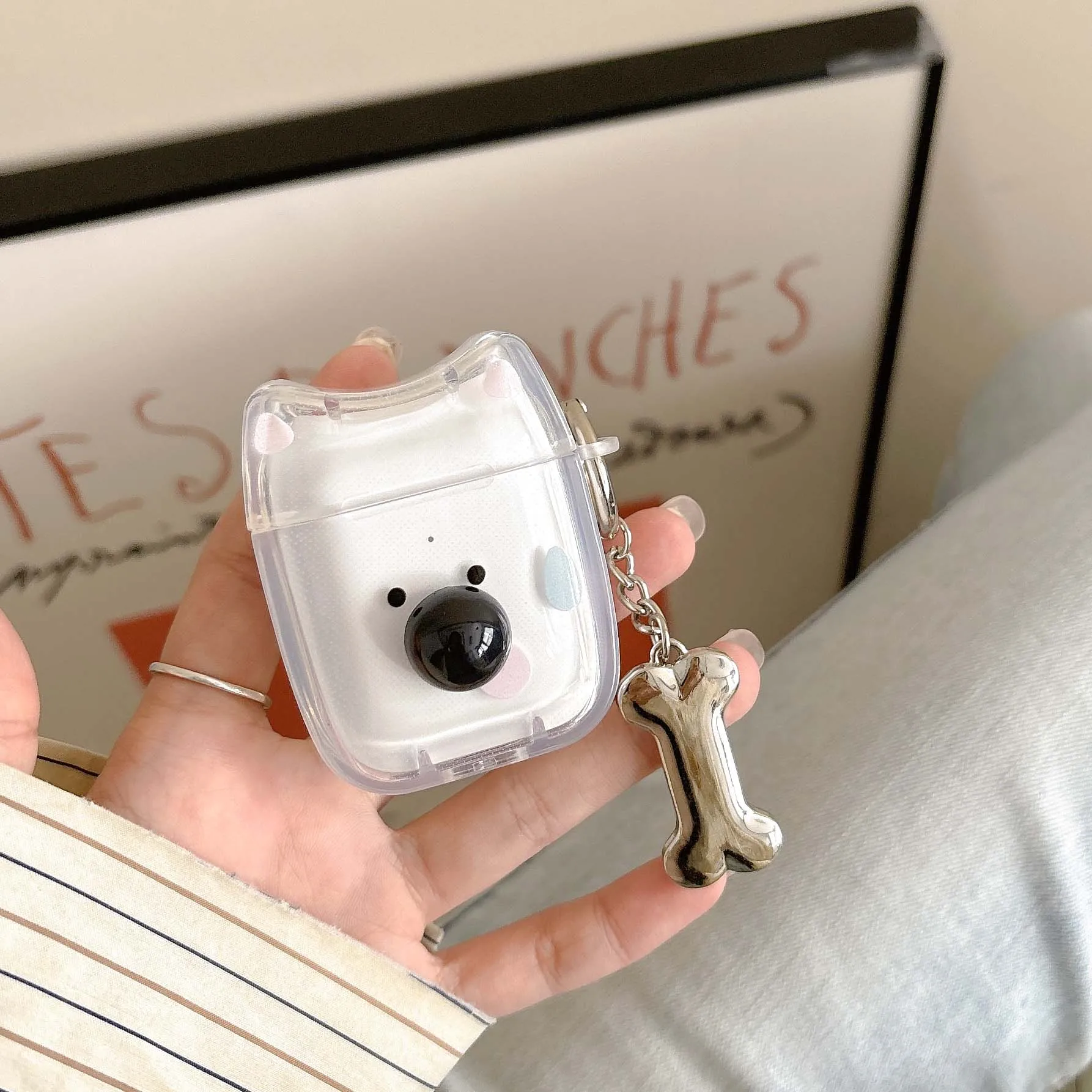 Прозрачный 3d чехол для apple airpods 3 pro2nd 1 2 pro с забавным милым щенком с черным носом и подвеской из серебристого камня