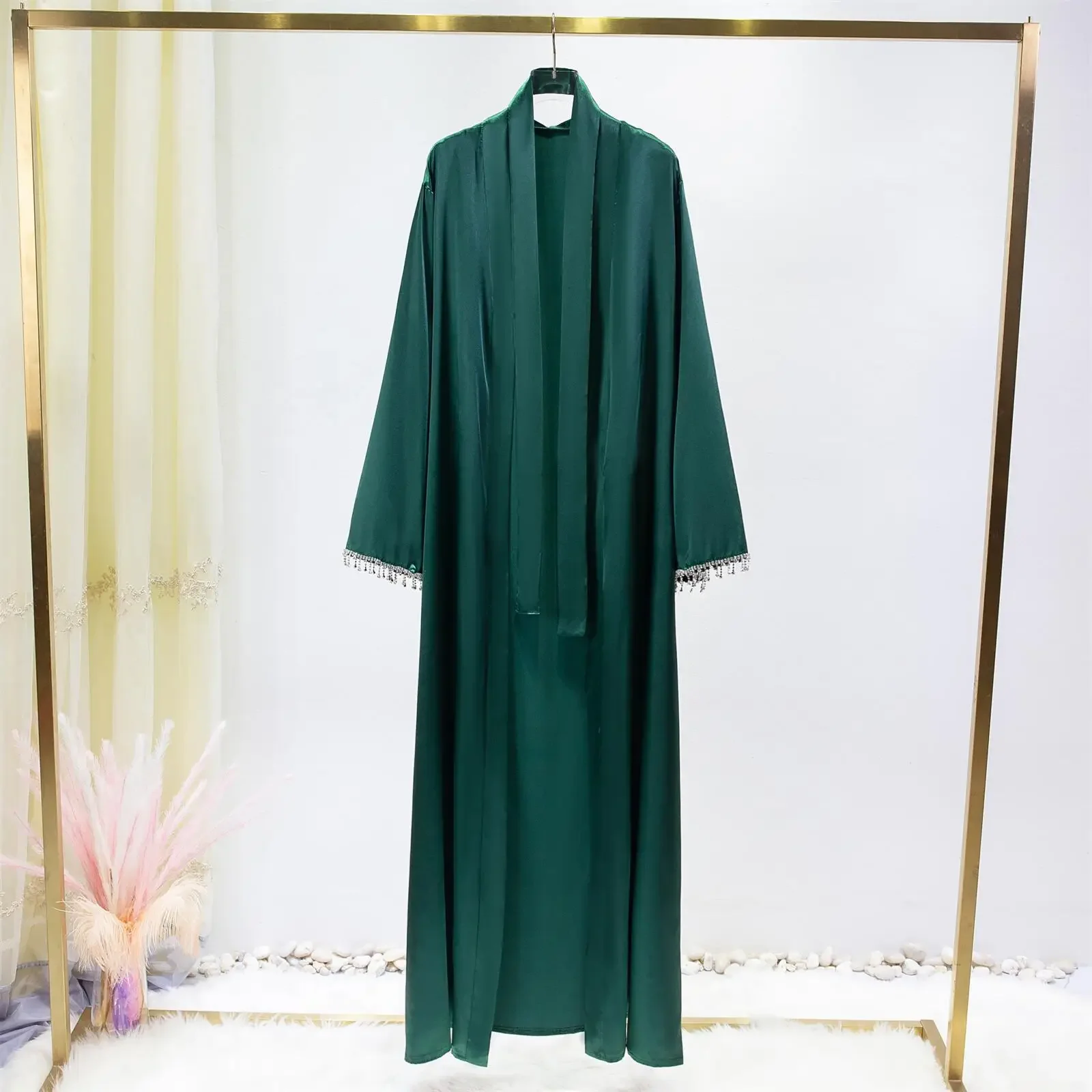 1pc Open Front Abaya Muslim Satin Long Robe Wrap with Delicate Crystal Decorated Sleeves, Perfect for Any Occasion Women Jilbabs