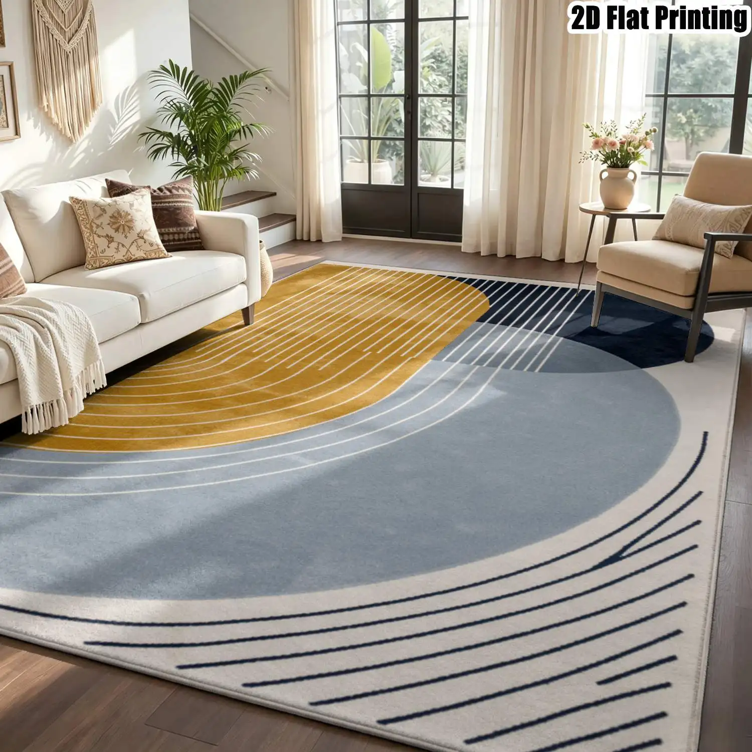 1Pc 2D Printed Carpet: Yellow-Blue Geometric Line Patterns, Nordic/Instagram Modern Minimalist Style, Home Decor Floor Mat, Multi-Size, Machine Washable, for Entrance, Dining, Foyer, Bedroom, Living Room