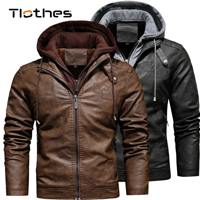 

Autumn Winter Hooded Leather Jacket Men Fleece Motorcycle Pu Leather Jackets and Coats Male Casual Slim Hat Detachable Outwear