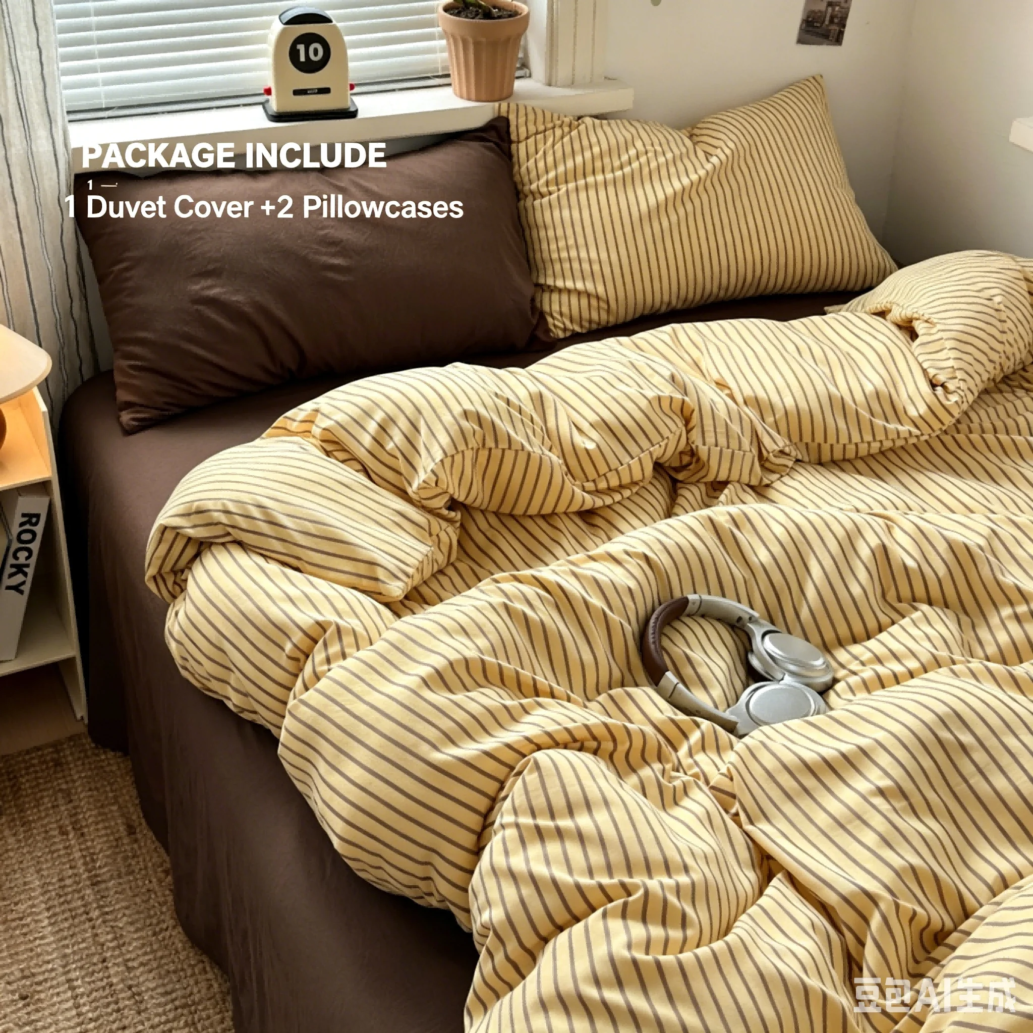 3pcs Retro Yellow Striped Duvet Cover Set with 2 Pillowcases Soft Washed Cotton Bedding Set Boys Girls 이불세트 Bedroom Decor