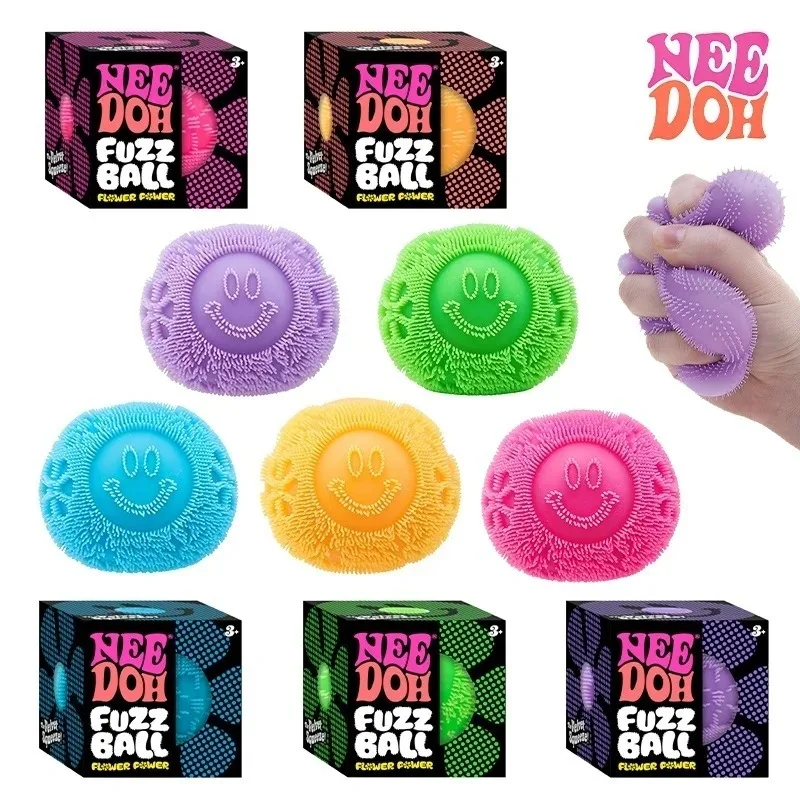Needoh Smiley Fuzz Ball Elastic Textured Squeeze Ball Stress Anxiety Relief Anxiety Toys Calming Portable Fidget Gadget Gift