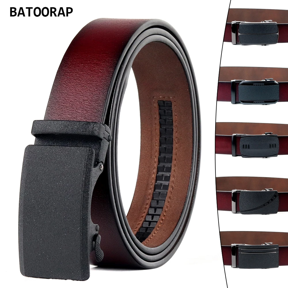 

BATOORAP Men's Belt Vintage Burgundy Genuine Leather Matte Black Metal Automatic Buckle Ratchet Male Casual Trouser Strap