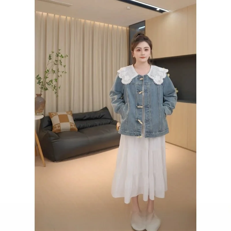 

Джинсовая куртка Pajiajia Sweet Cool Girl Fashion с вышивкой, ажурными вставками и воротником-куклой, свободного кроя, с длинными рукавами