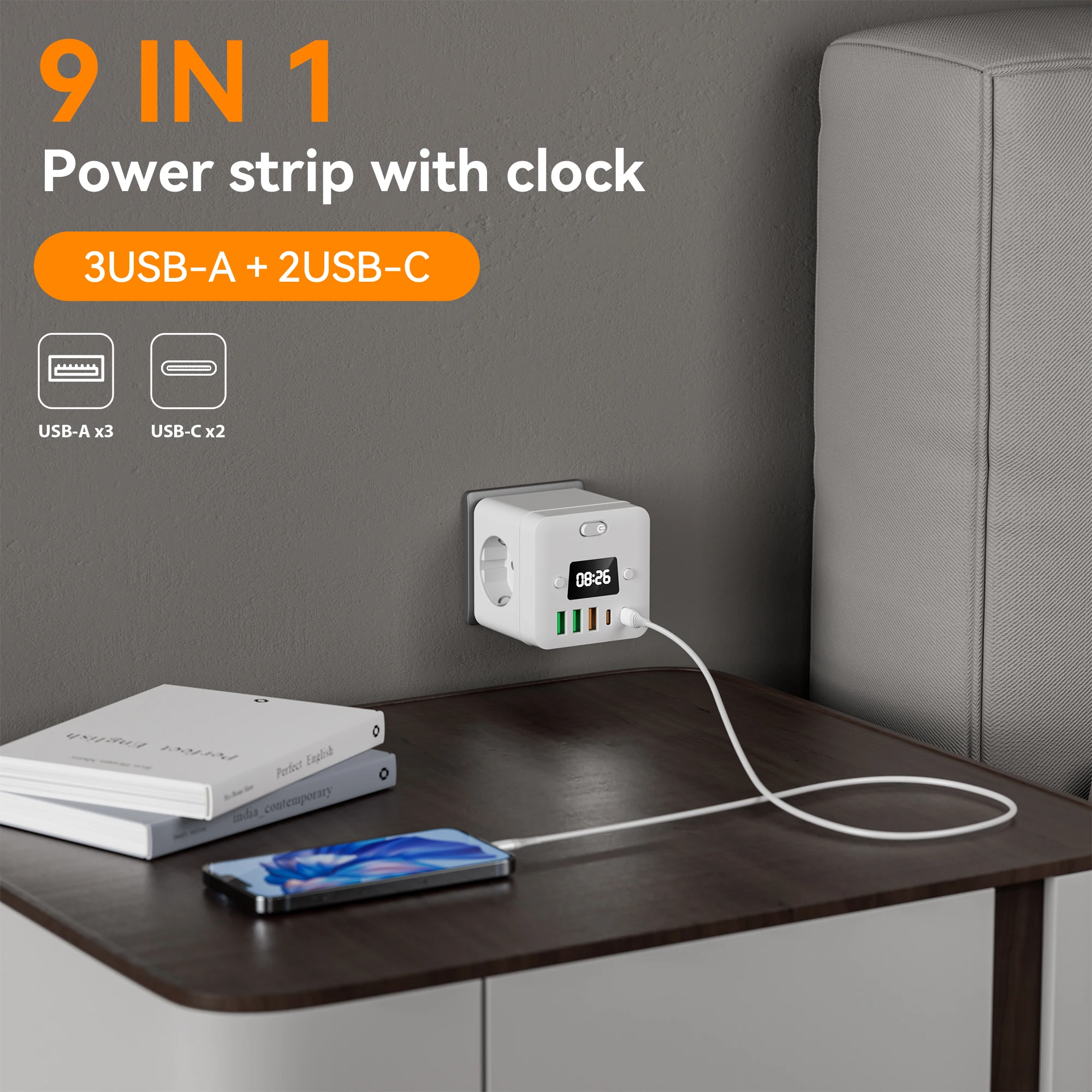 9-in-1 EU Power Strip, Power Strip Surge Protector, 3 AC Outlets 3 USB 2 Type-C, Desktop Charging Station With Overload Protecti