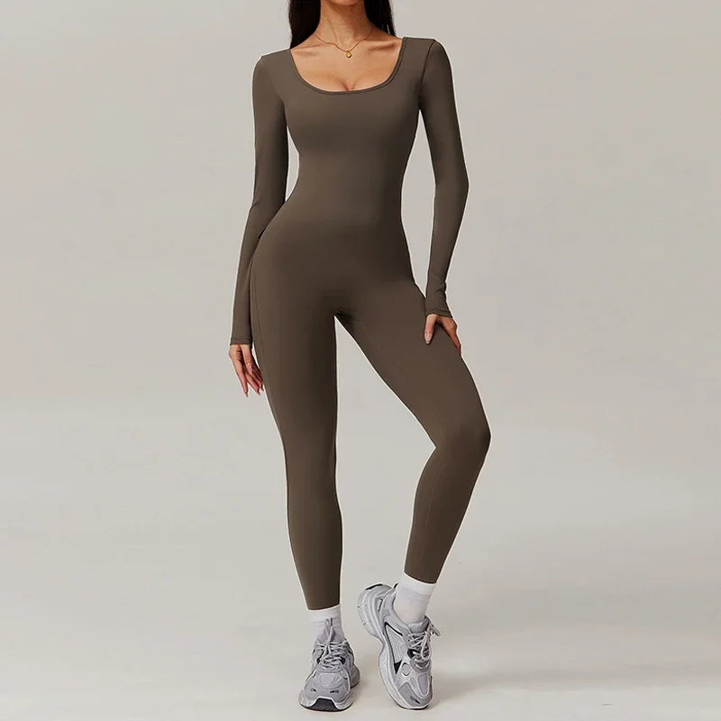 Longsleeve Jumpsuits Women Pocket Sport Overalls Sexy Fitness Bodysuits Female Gym Workout Romper Sportwear