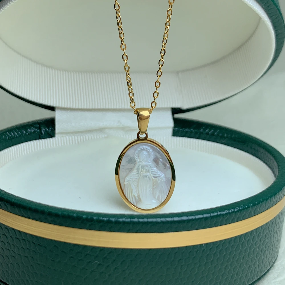 Stainless Steel Necklace Jewelry Religious Virgin Mary Pendant Neck For Women Gold Plated Natural Mother of Pearl Shell