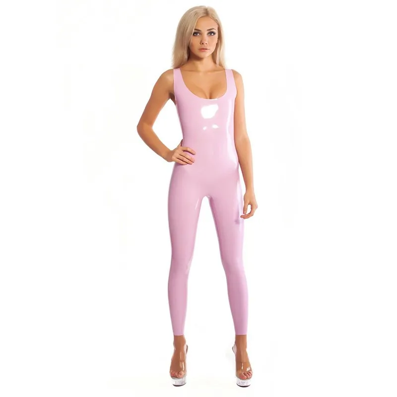 

Baby Pink Sleeveless Latex Jumpsuit Rubber Bodysuit Zipless