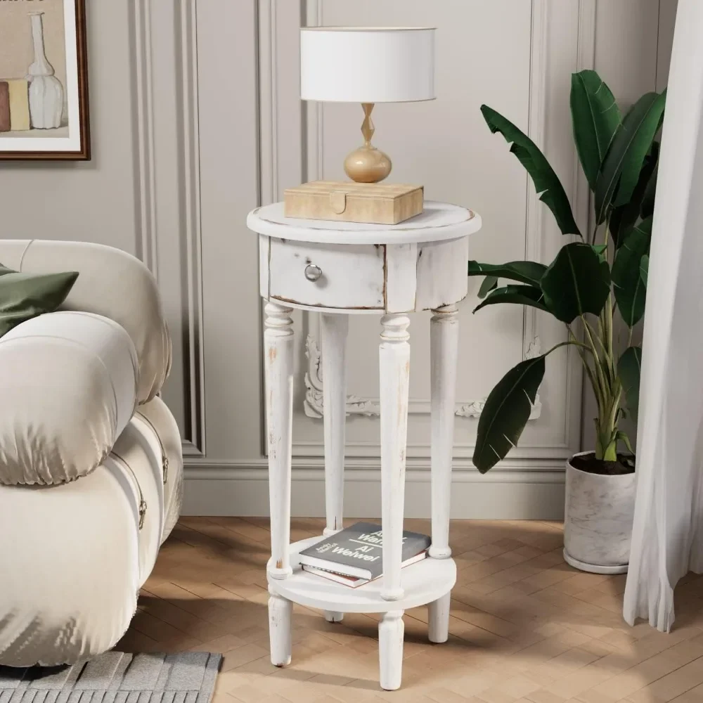 

Tall End Table with Drawer, Round Nightstand with Storage Shelf, Industrial Telephone End Table for Living Room, Bedroom, Hall