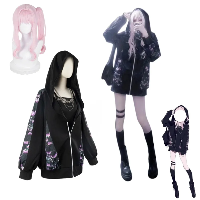 

Anime Project Akiyama Mizuki Cosplay Costume Black Hoodie Wig Daily Suit for Women Halloween Carnival Party Roleplay Outfits