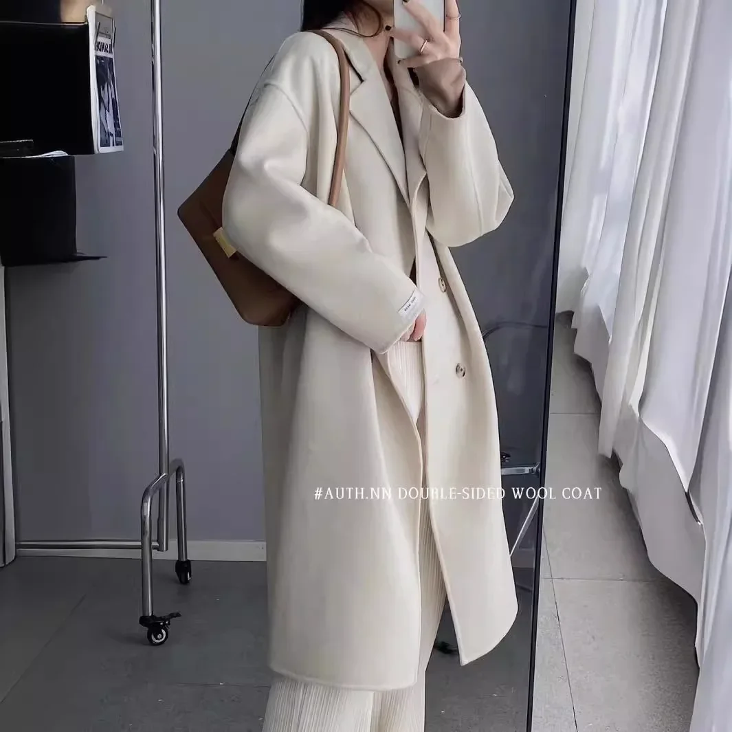 

Anti-season wool double-sided woolen new coat cashmere coat medium and long women's Korean version Hepburn style shoulder