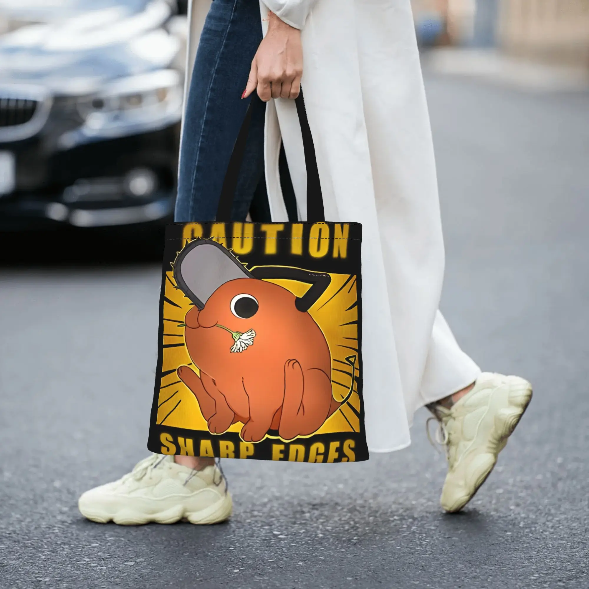 2026 women's bag Scribble Caution Reusable Double Sided Canvas Tote Bag Shoulder Chainsaw Man Handbag