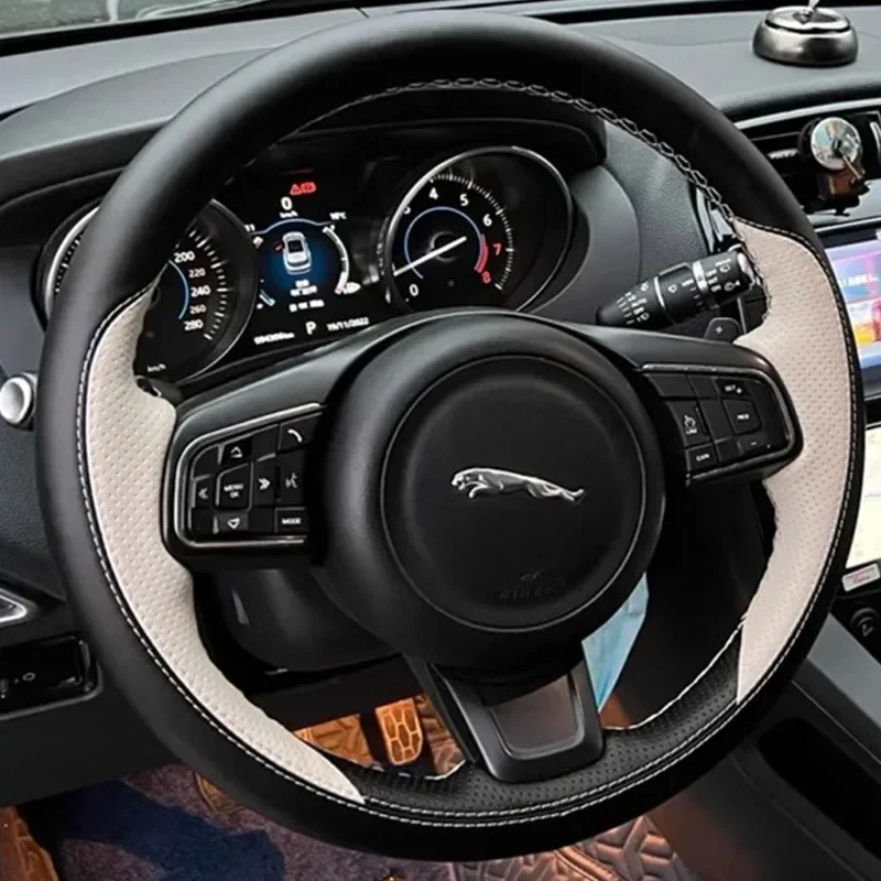Hand Stitched Black White Genuine Leather Sports Style Car Steering Wheel Cover For Jaguar XFL XE XJL F-PACE XKR E-PACE F-Type