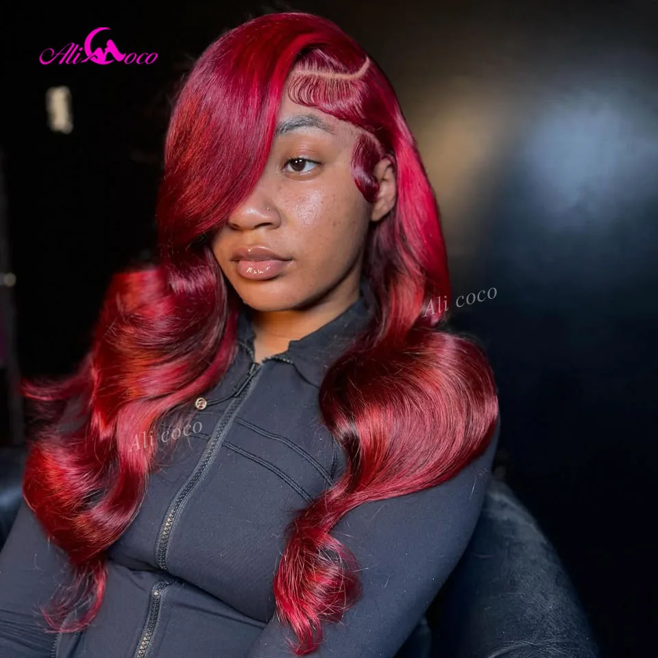 

180 Density Highlight Red and #99 Body Wave Human Hair Wig 13x6 Lace Front Wig Red and Burgundy Colored with Baby Hair for Women