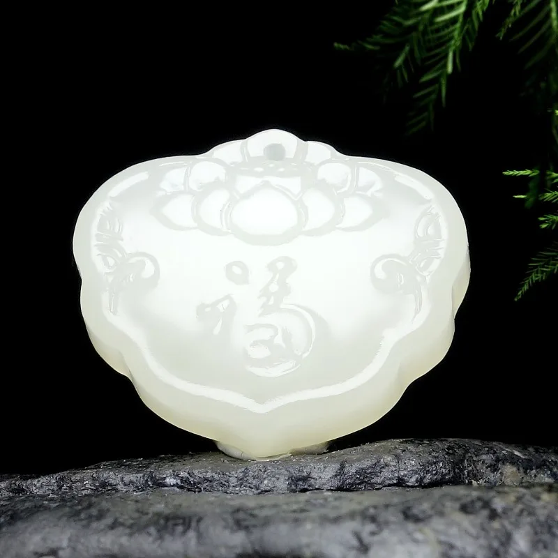 

Natural Hetian White Jade Lucky Lock Lotus Pendant, The Same for Men and Women