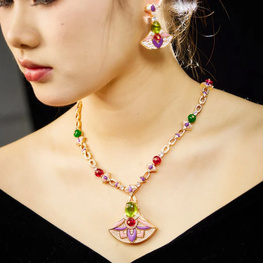 Luxury Designer Real Gold Plated Green Red Stone Colored Fan-shaped Large Drop Earrings Necklaces or Jewelry Set For Women