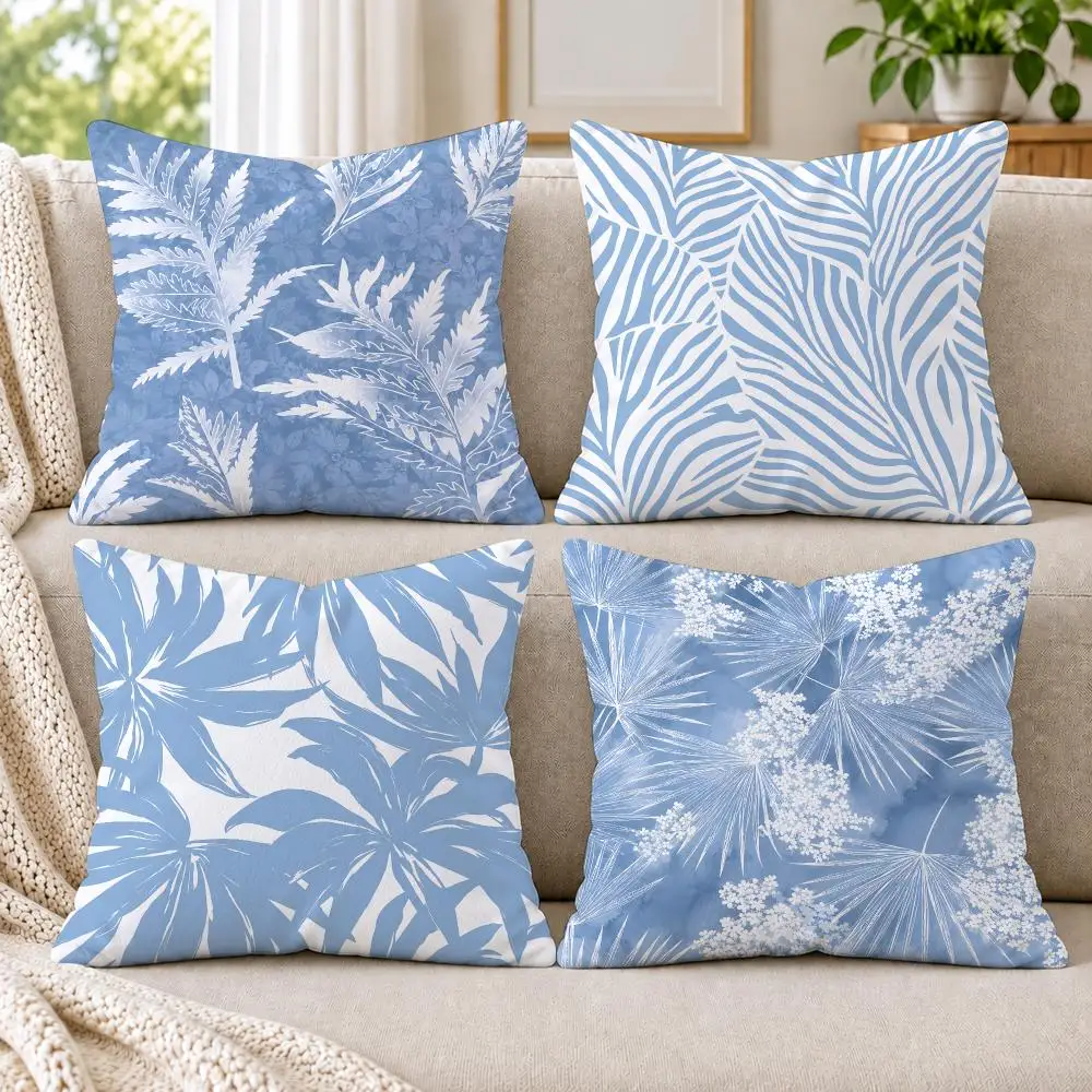 4PC Watercolor Palm Foliage Cushion Cover Soft Plush Double-Sided Print Throw Pillow Cover Home Decor for Sofa Living Room