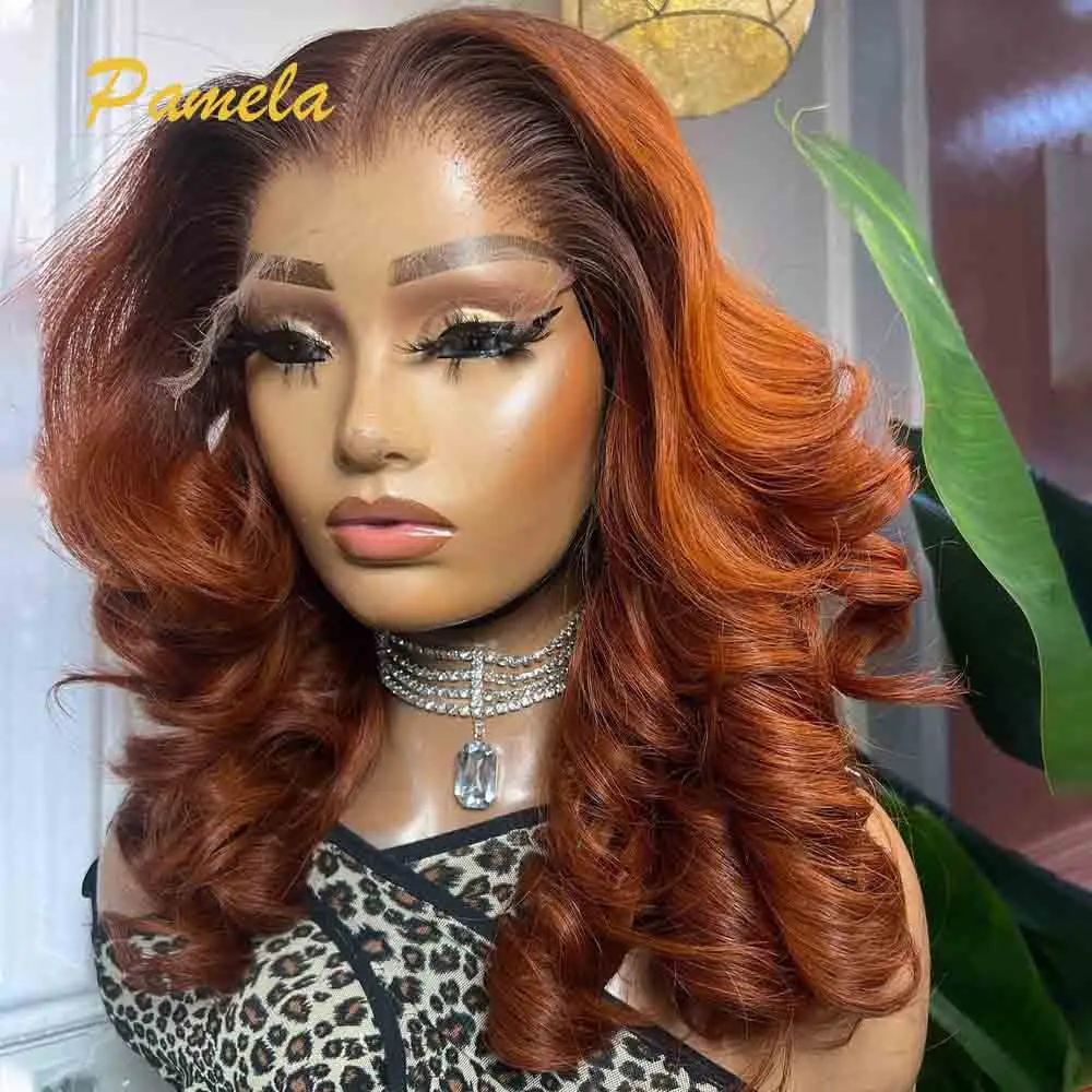 Highlight 250% Density Body Wave Glueless Wig Human Hair Ready To Wear Ombre 1B Orange Colored 13x6 Transparent Lace Frontal Wig