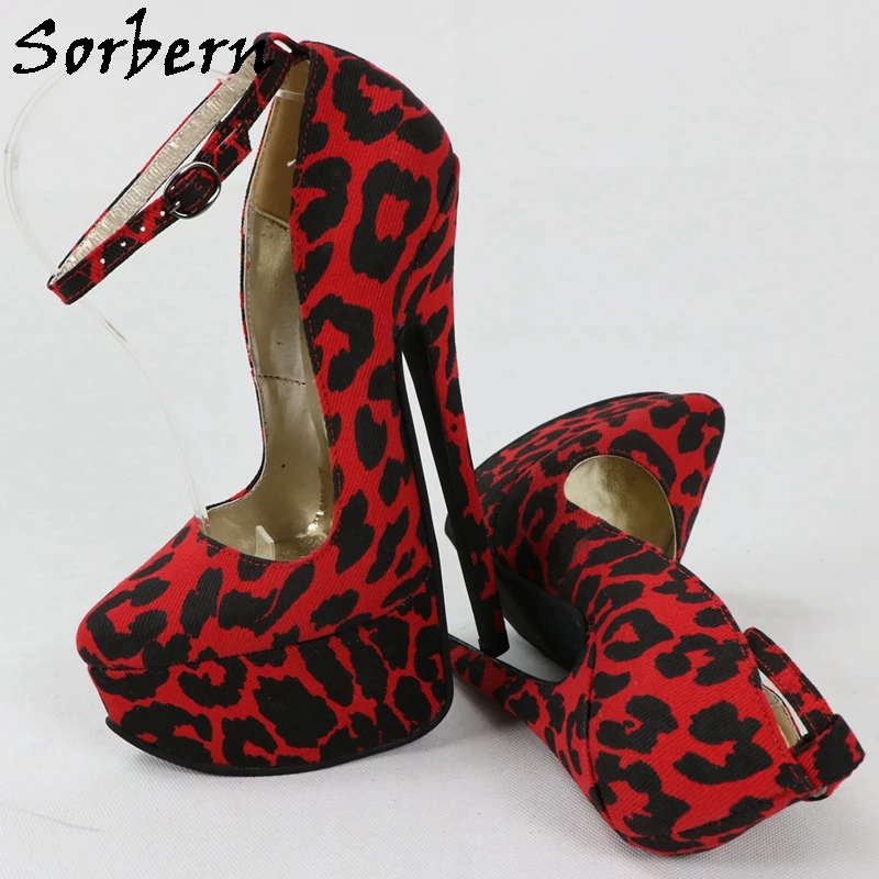 

Sorbern Red Leopard Women Pumps For Sissy Girls 20Cm Fabric Platform High Heel Shoes Ankle Strap Fetish Stilettos Pointed Toe