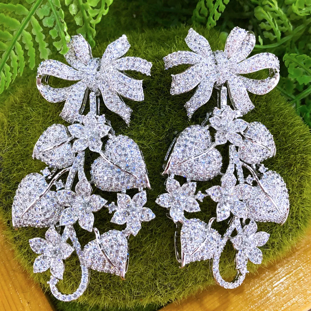 GODKI Luxury Pumpkin Leaf Flower Bowknot Nigerian Long Dangle Earrings For Women Wedding Zirconia CZ Dubai Gold Bridal Accessory