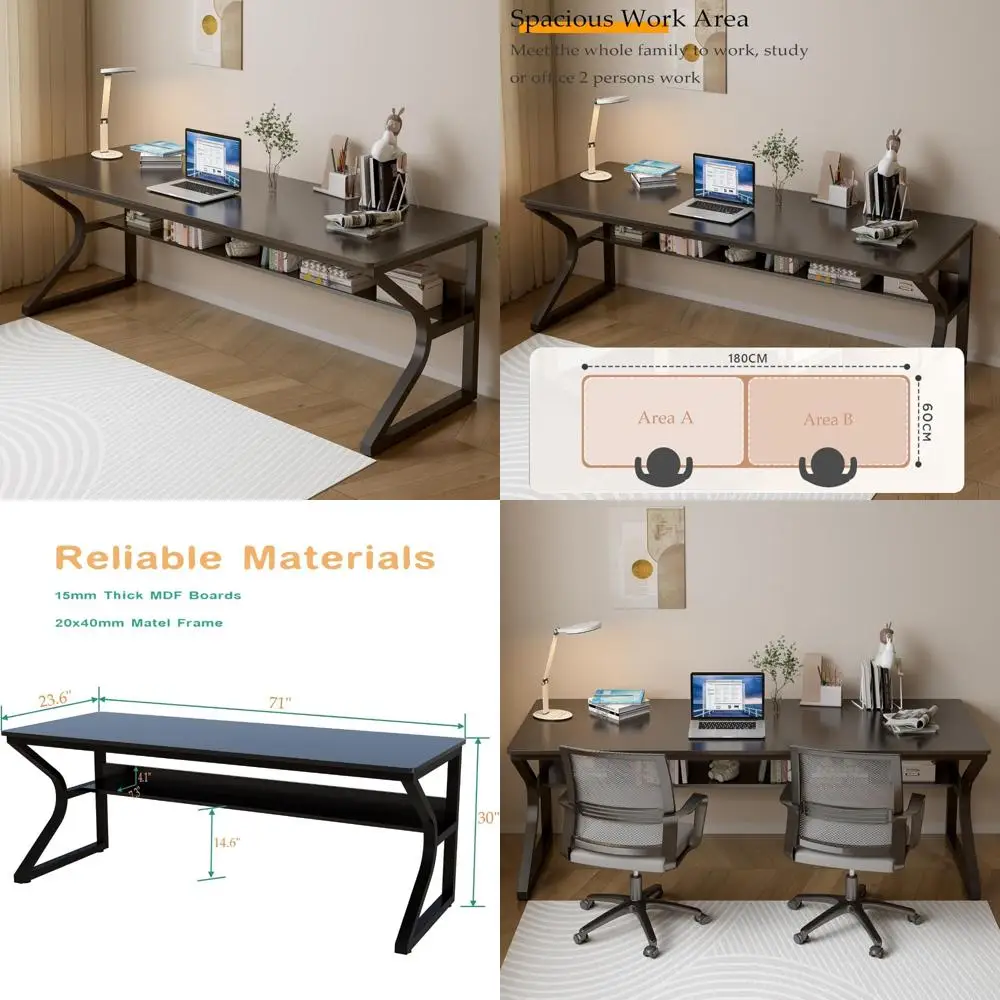 

Dual-Person Modern Home Office Desk with Built-in Bookshelf, 71 Long Computer Workstation