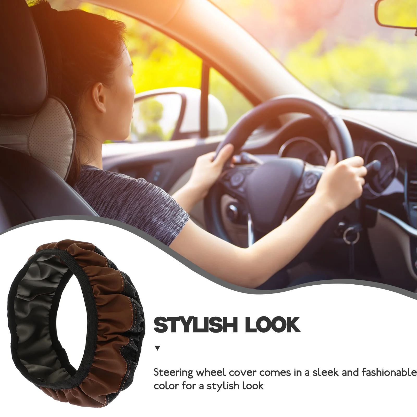 

Black Coffee Color Steering Wheel Cover Protective Case for Car PU Women Adjustable Most Cars