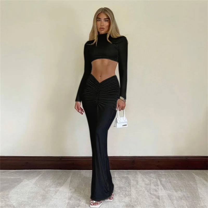 2 Pcs Prom Party Dress Long Sleeves High Neck Waist Hollow Pleated Mermaid Bodycon Evening Dress Long Robe De Mariée Vestido