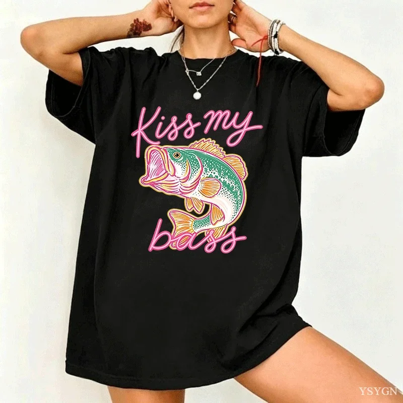 Harajuku T Shirt Summer Kiss My Bass Fishing Summer Vibes Bass Lover Novelty T-Shirts Pure Cotton Tee Shirt Short Sleeve Tops