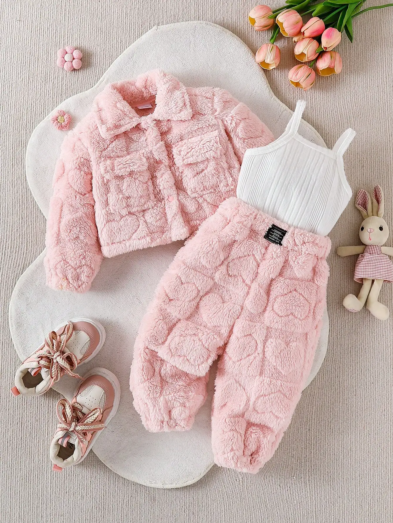Three piece set of baby girl casual pink plush long sleeved jacket, plush long sweatpants, and pit top as a versatile base for w