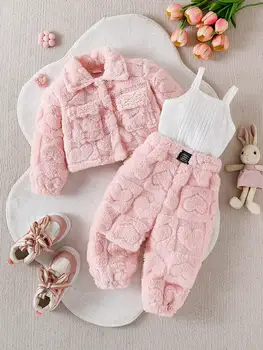 Baby girl casual pink plush long sleeved jacket, 1